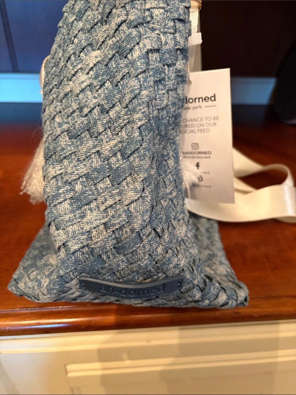 Ahdorned New York Woven Blue Shoulder Bag w/ white removable strap